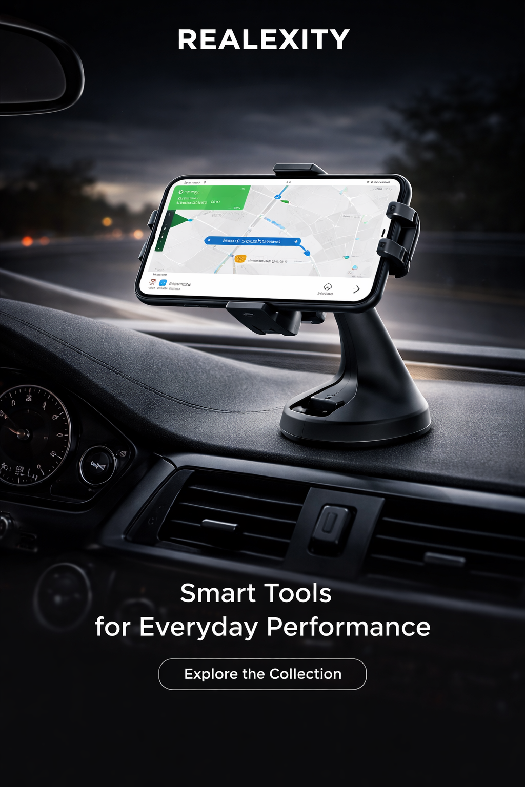 Realexity DriveMount 360 car phone holder mounted on dashboard with navigation display – smart tools for everyday performance
