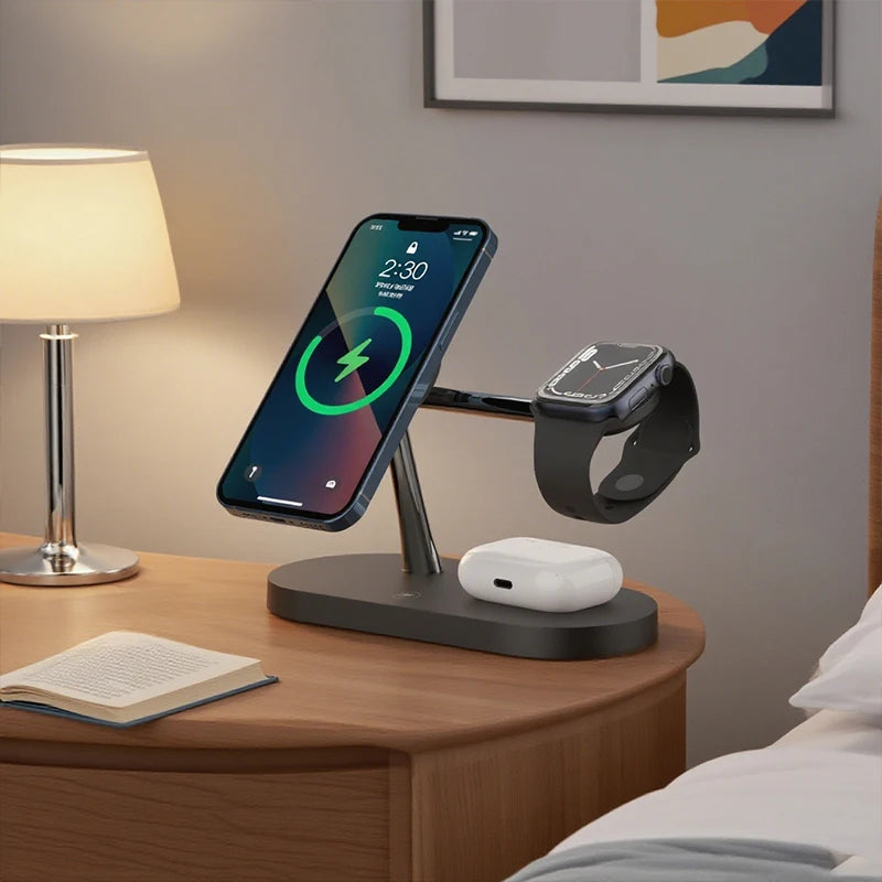 Multi-device charging stand on a bedside table with smartphone, smartwatch, and wireless earbuds.