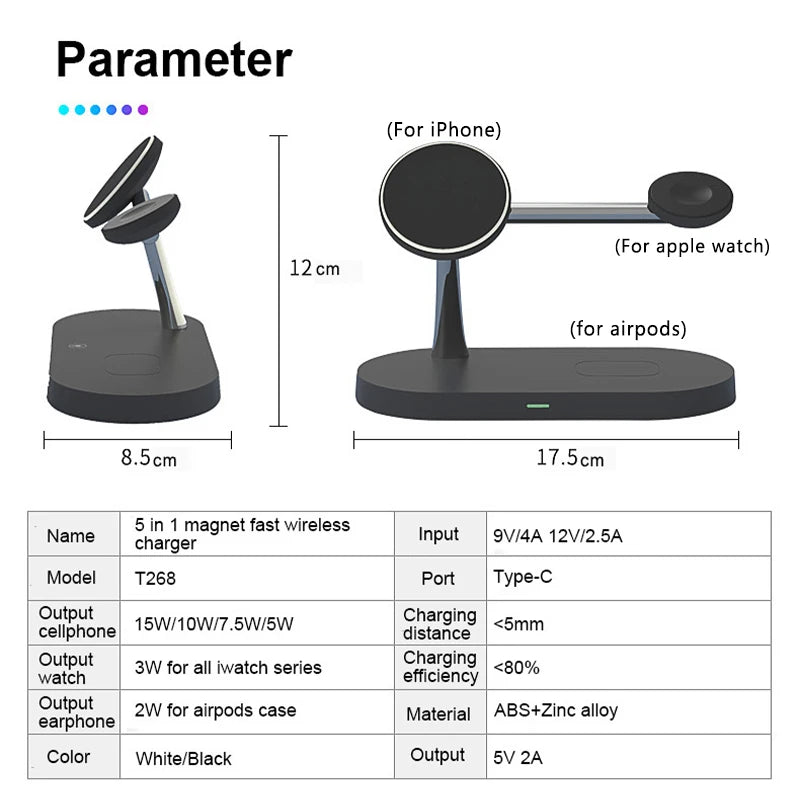 Wireless charging stand with dimensions and specifications on a white background