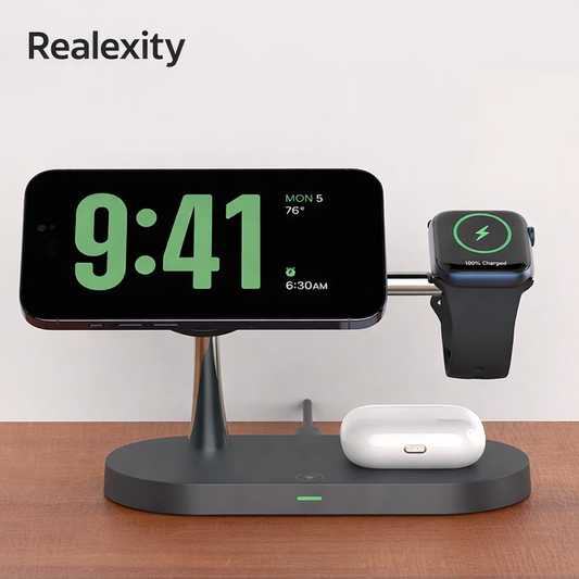 Realexity ChargeDock Pro 3-in-1 wireless charging station for phone, watch, and earbuds