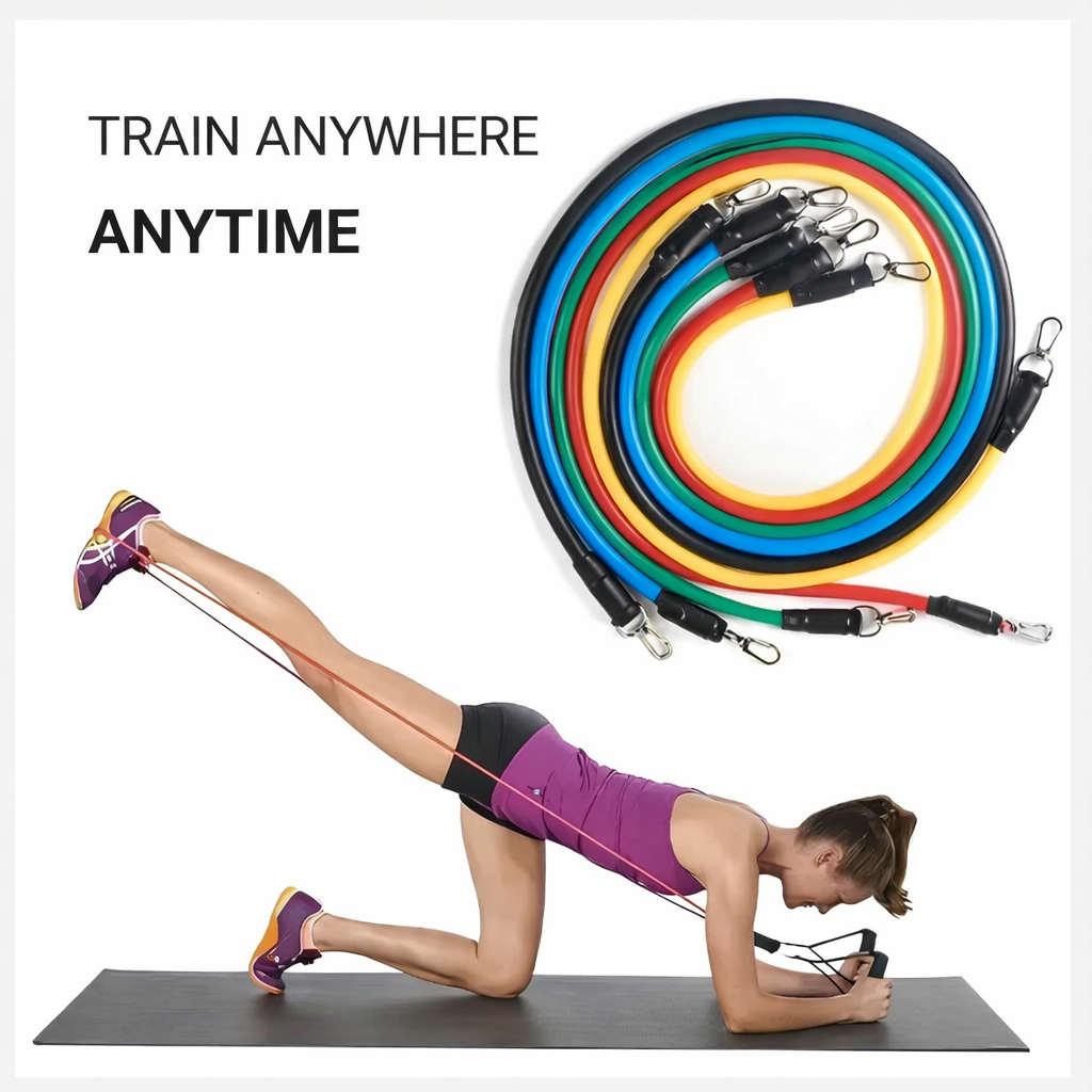 Woman performing resistance band workout using Realexity FlexBand Pro Set