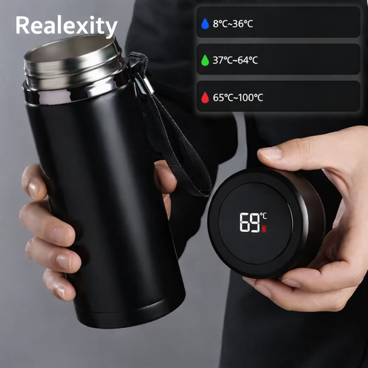 Realexity SmartTemp Bottle insulated stainless steel water bottle with LED temperature display lid showing 69°C