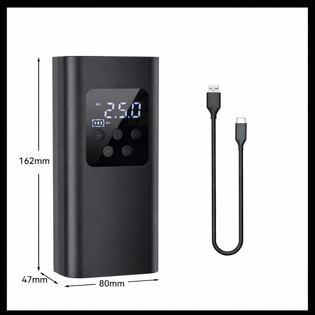 Realexity wireless tire inflator with digital LCD pressure display and USB charging cable